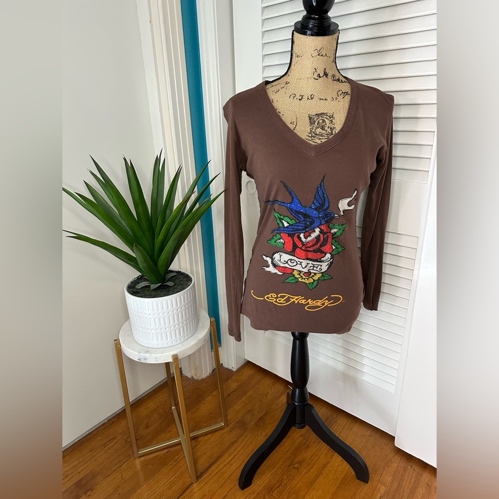 Vintage HTF Y2K Ed Hardy Brown XLarge Blue Bird/Rose Rhinestone Long Sleeve Top